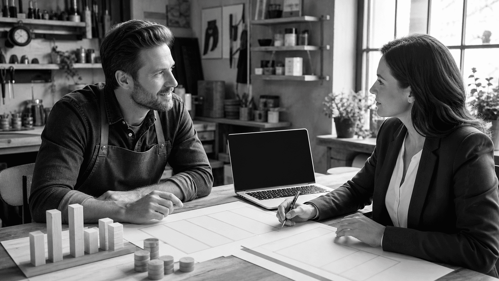 Small business owner reviewing charts with a financial consultant at a sunlit desk.