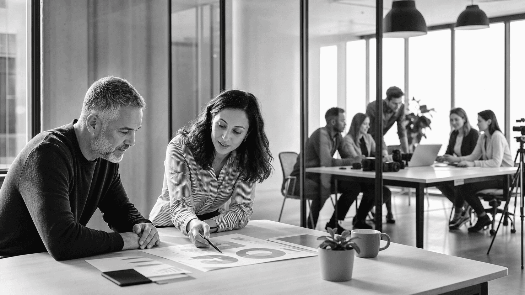 Split-screen illustration of a solo marketer with laptop versus a team at a conference table, blue-gray tones.