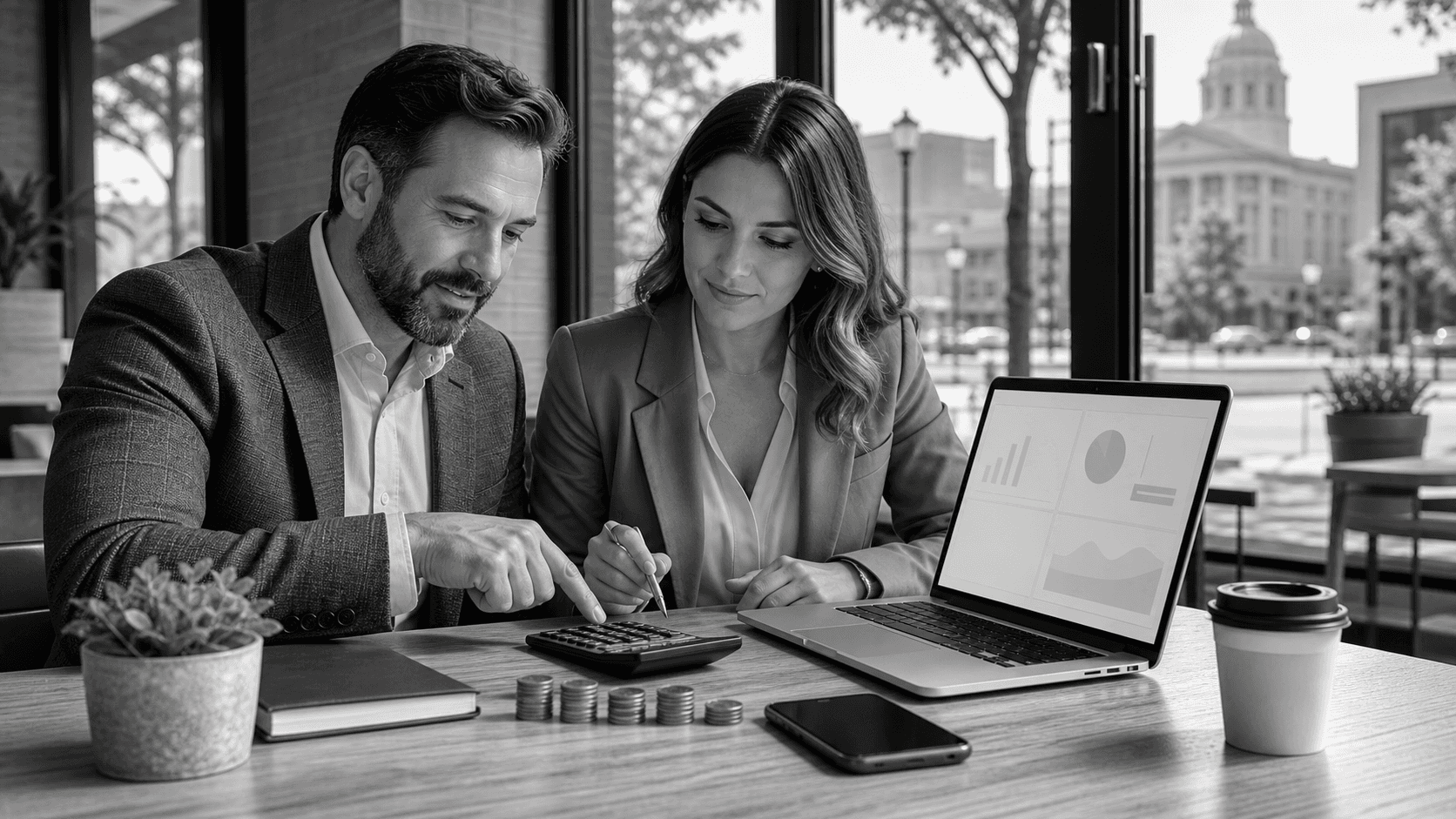 Small business owner reviews colorful PPC charts on a laptop beside a calculator and coffee in a bright office.