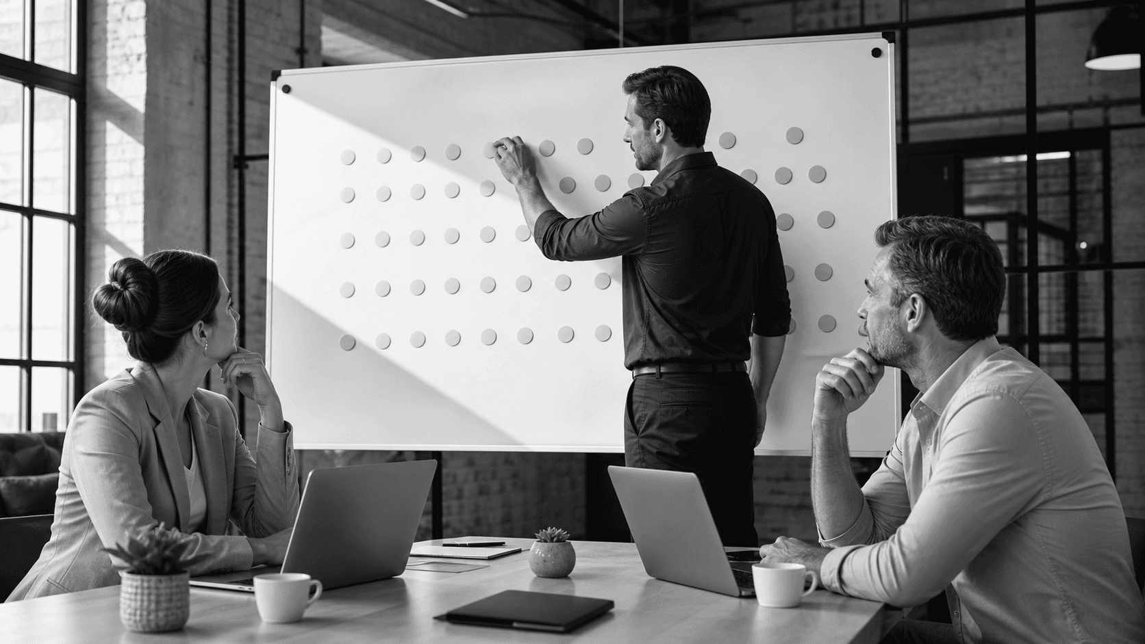 Business team reviews colorful charts and sticky notes around a table in a bright modern office.