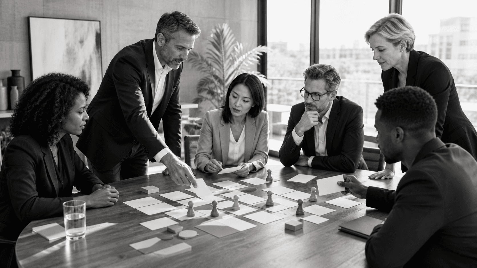Business professionals review charts and notes around a conference table in a bright modern office.