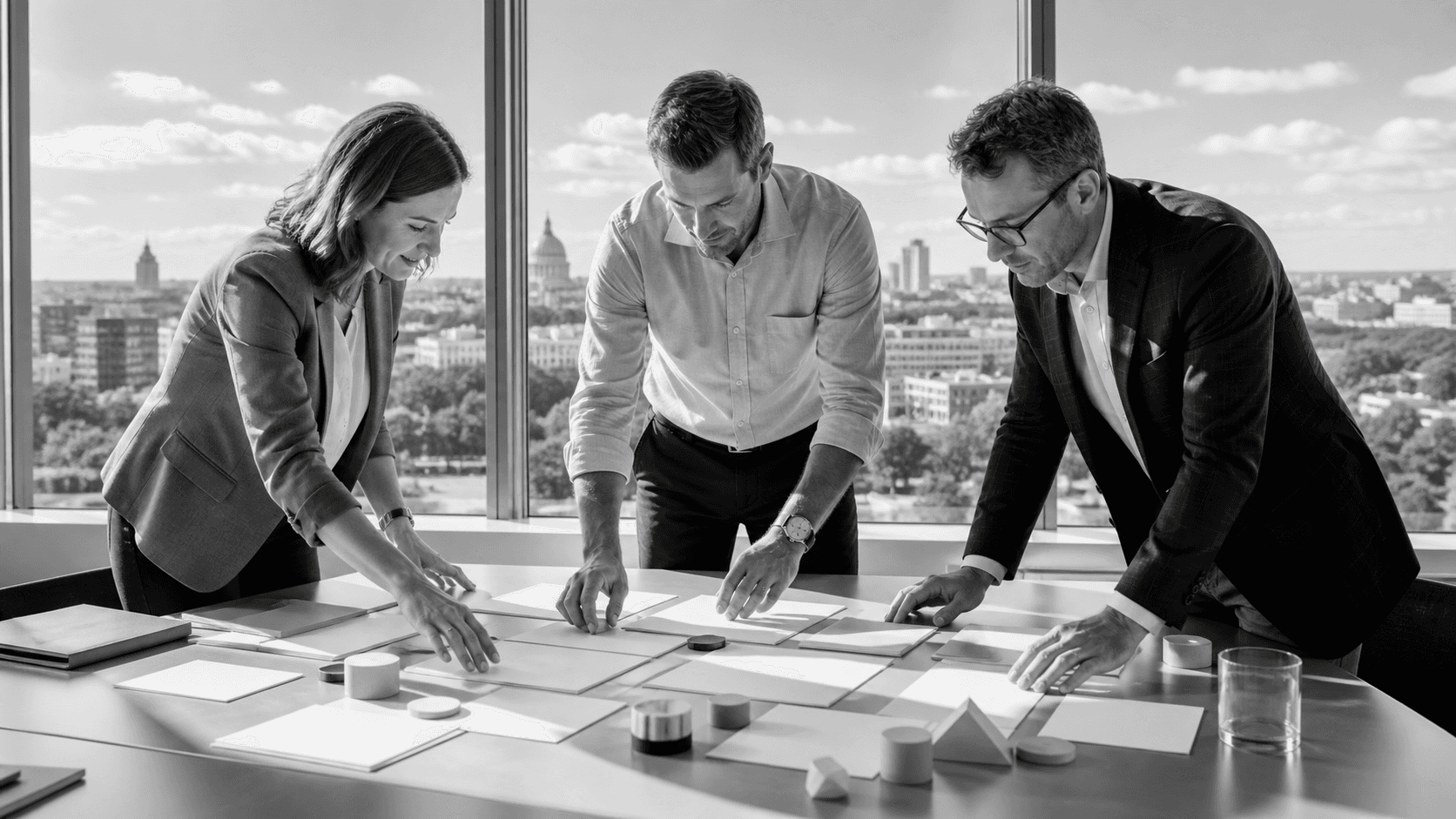 Consultants review charts at a sunlit conference table beside a window overlooking a green summer landscape.