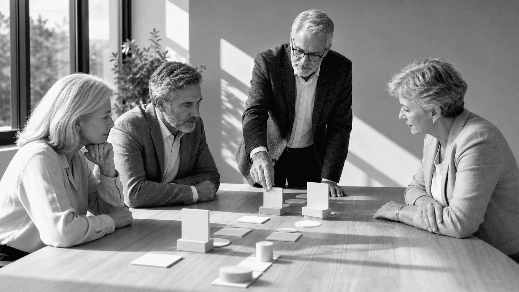 A coach and client review a strategic plan on a sunlit desk with charts, notes, and coffee.