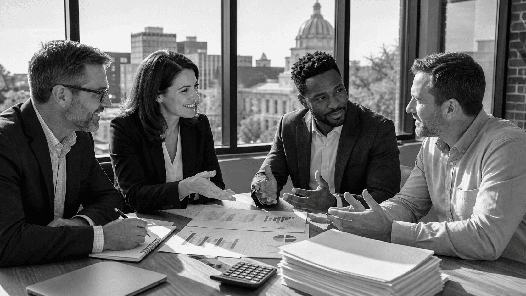 Business consultants review colorful charts and cash flow graphs around a sunlit conference table.